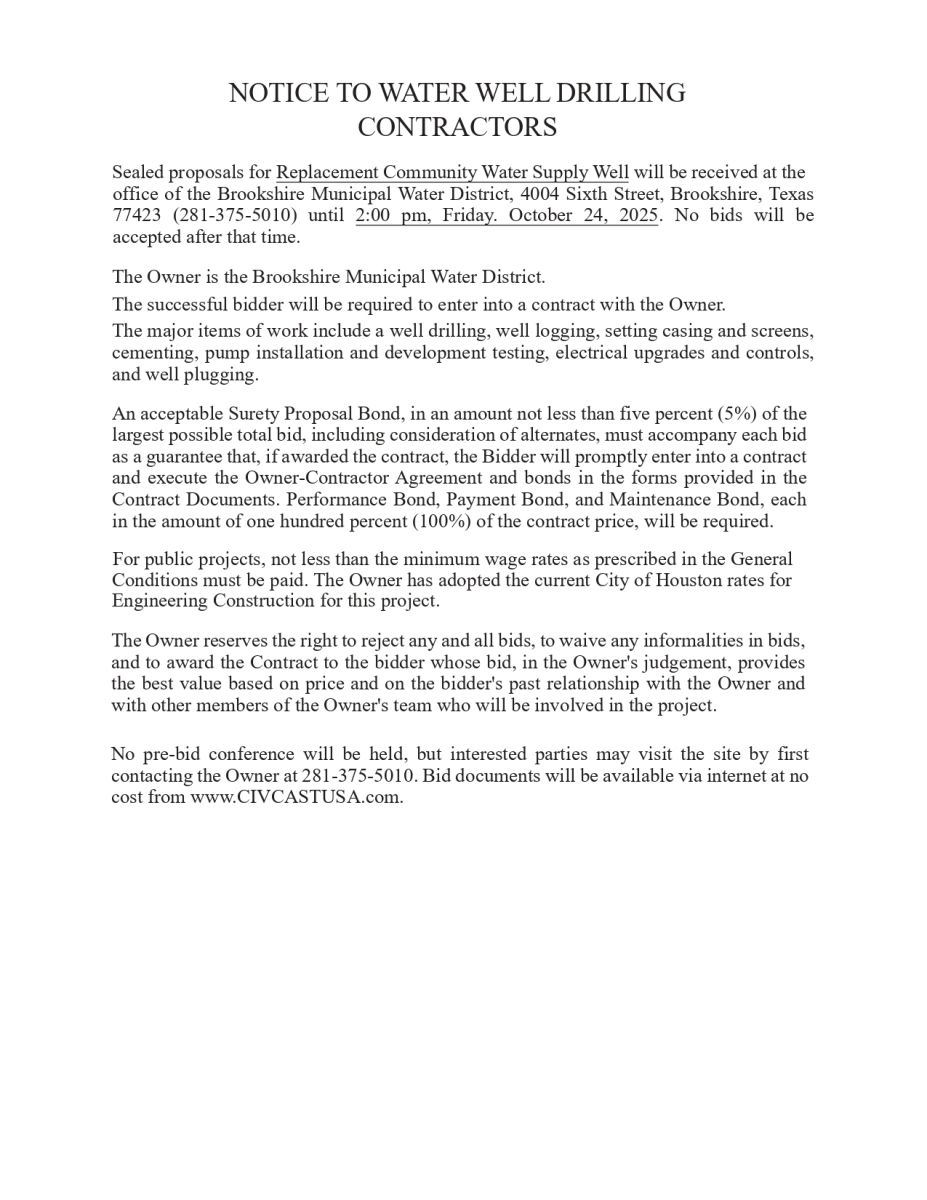 Link to Bid Notice for Well Drilling Contractors